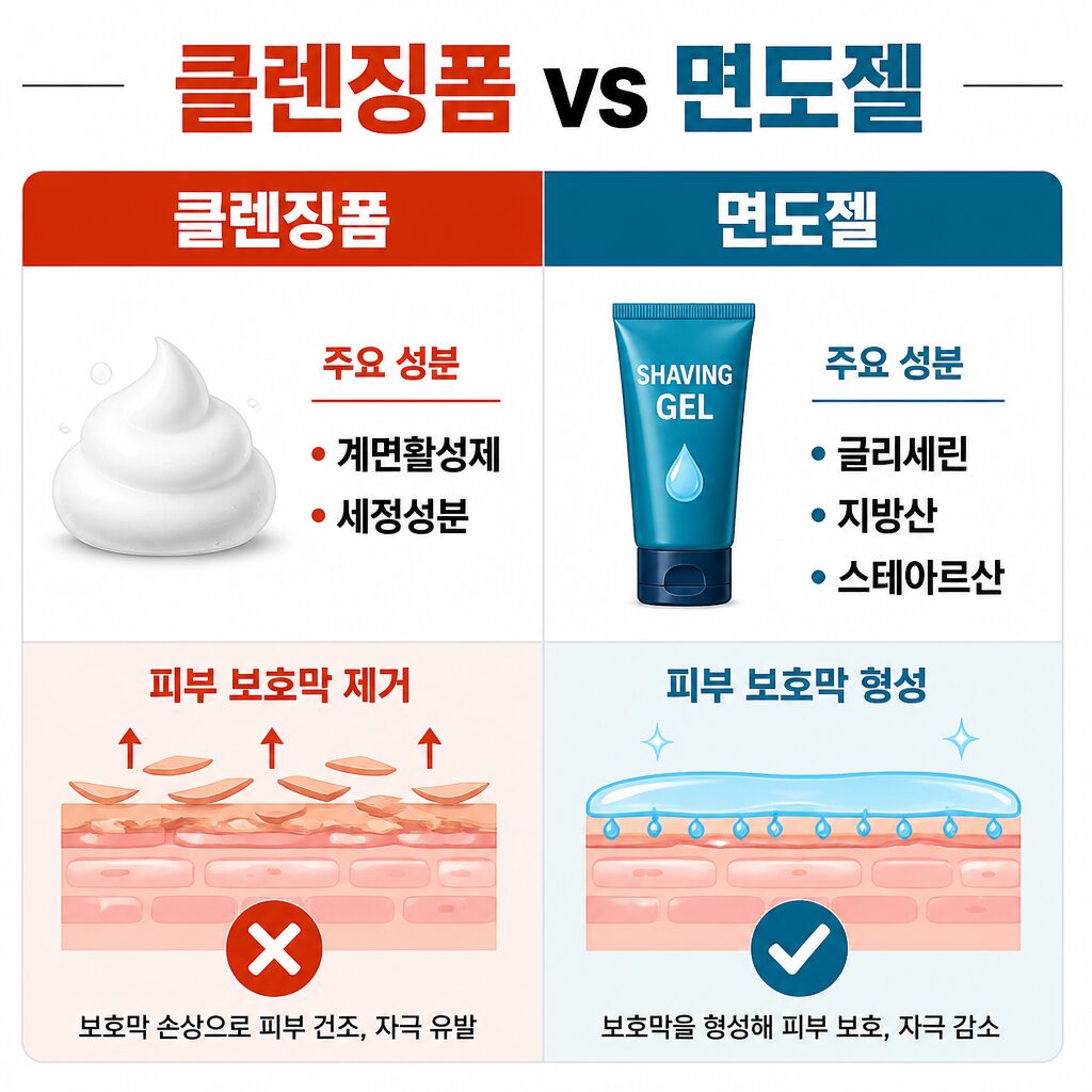 클렌징폼 vs 면도젤 성분·역할 비교 인포그래픽 (피부 보호막 제거 vs 형성)