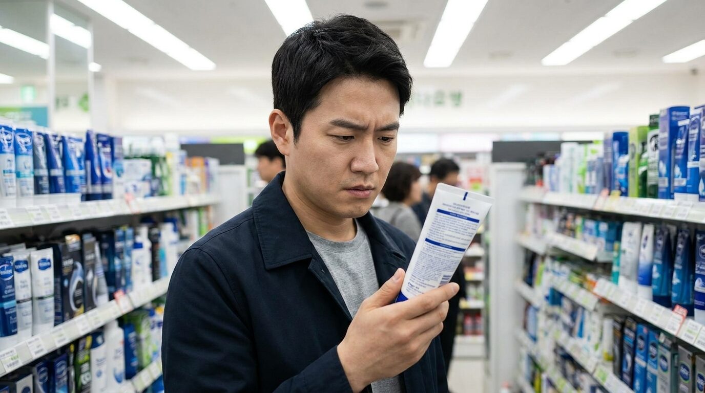 성분표 앞쪽에 어떤 성분이 있는지 확인하는 모습