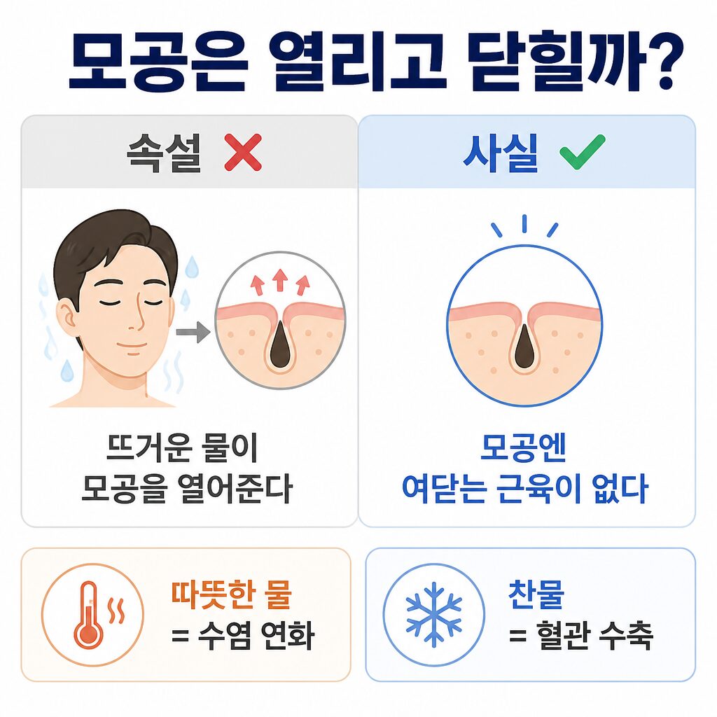 속설 vs 사실 인포그래픽: 모공은 스스로 열리고 닫히지 않는다