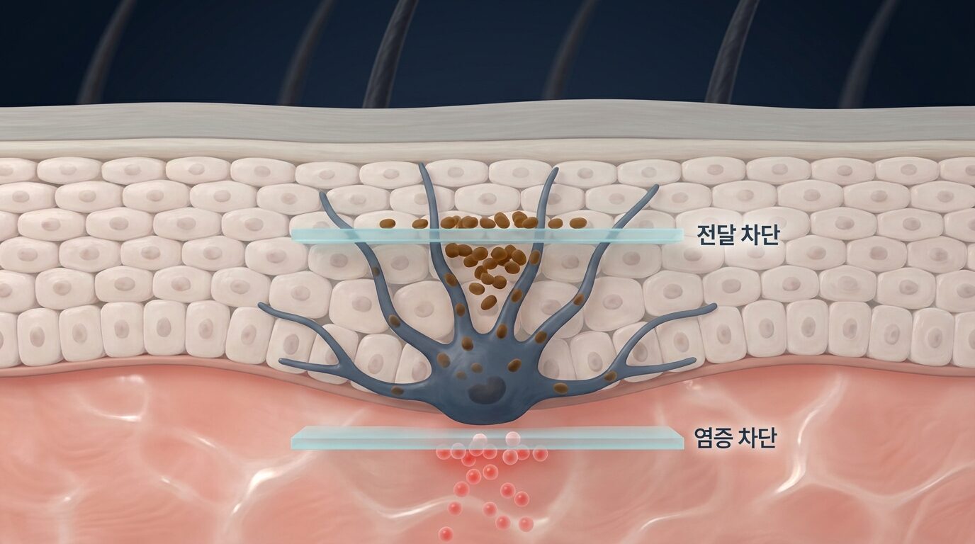 미백 성분이 멜라닌 생성 경로에서 작용하는 지점을 표시한 도해