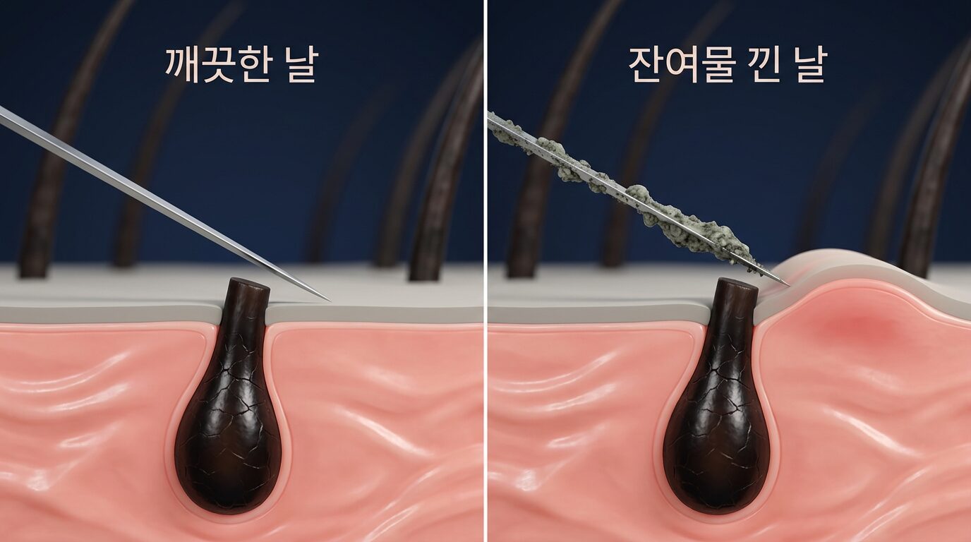 잔여물이 낀 면도날과 깨끗한 면도날의 단면 비교 도해