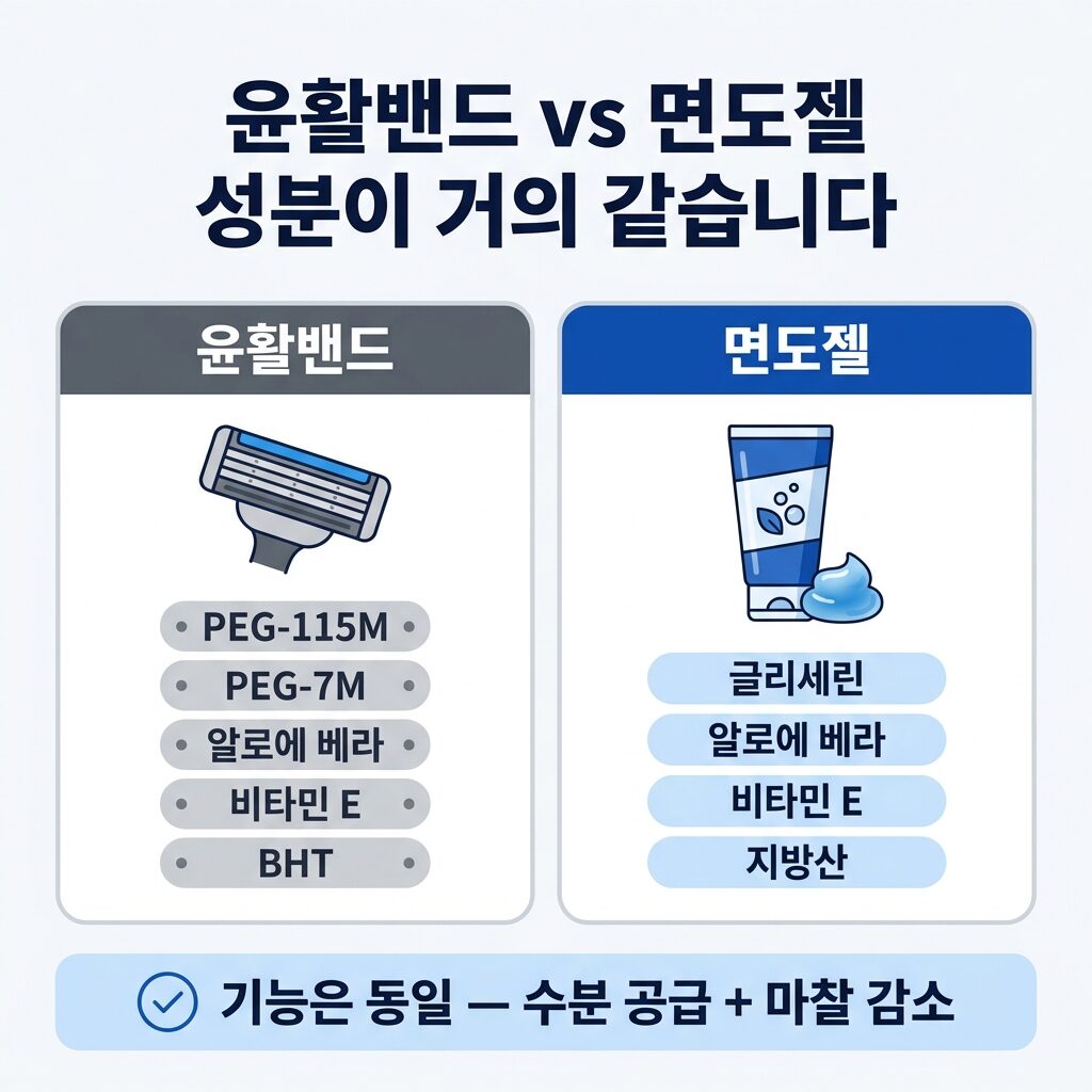 윤활밴드와 면도젤 성분 비교 인포그래픽 — PEG 계열과 글리세린, 기능은 수분 공급과 마찰 감소로 동일