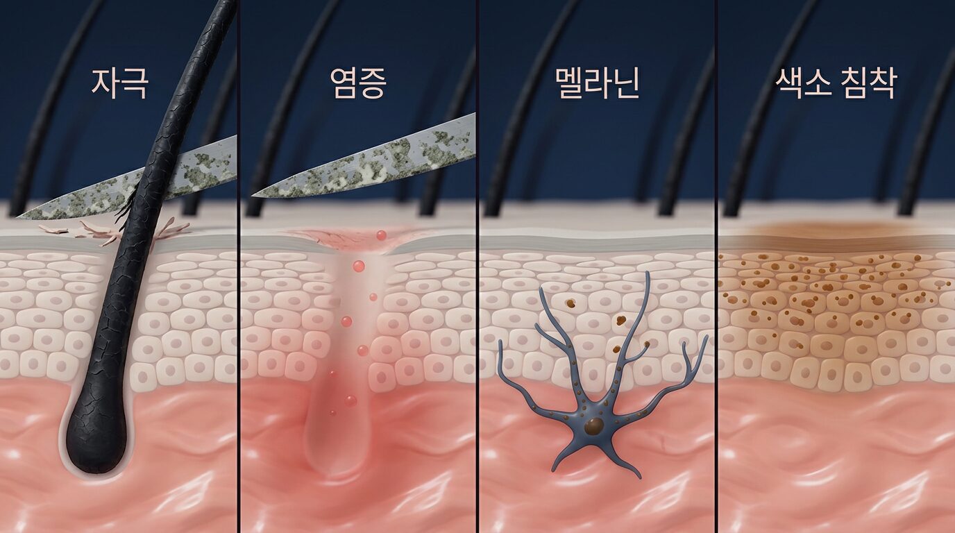 면도 자극에서 염증 후 색소 침착(PIH)으로 이어지는 4단계 과정 도해