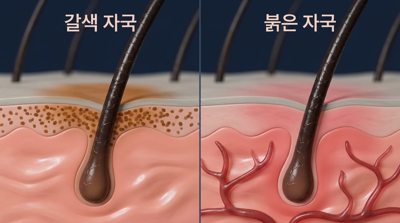 염증 후 색소 침착(PIH)과 염증 후 홍반(PIE)의 색상 차이 비교 도해