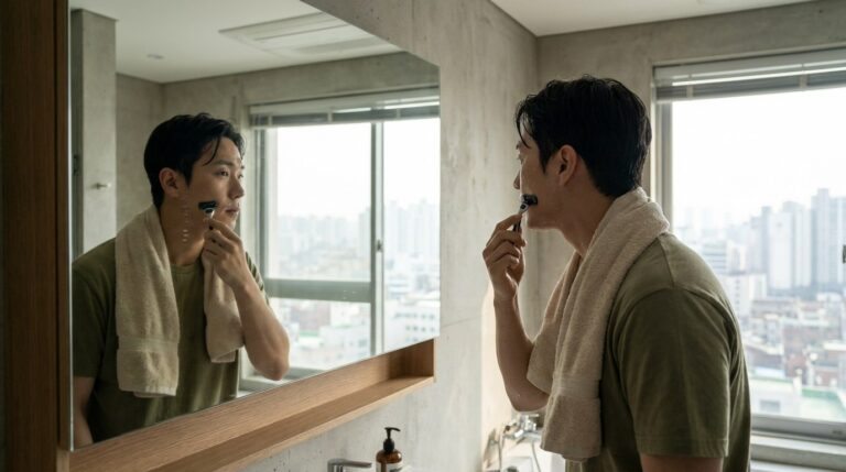 세수를 먼저 한 뒤 면도하는 올바른 순서를 보여주는 이미지
