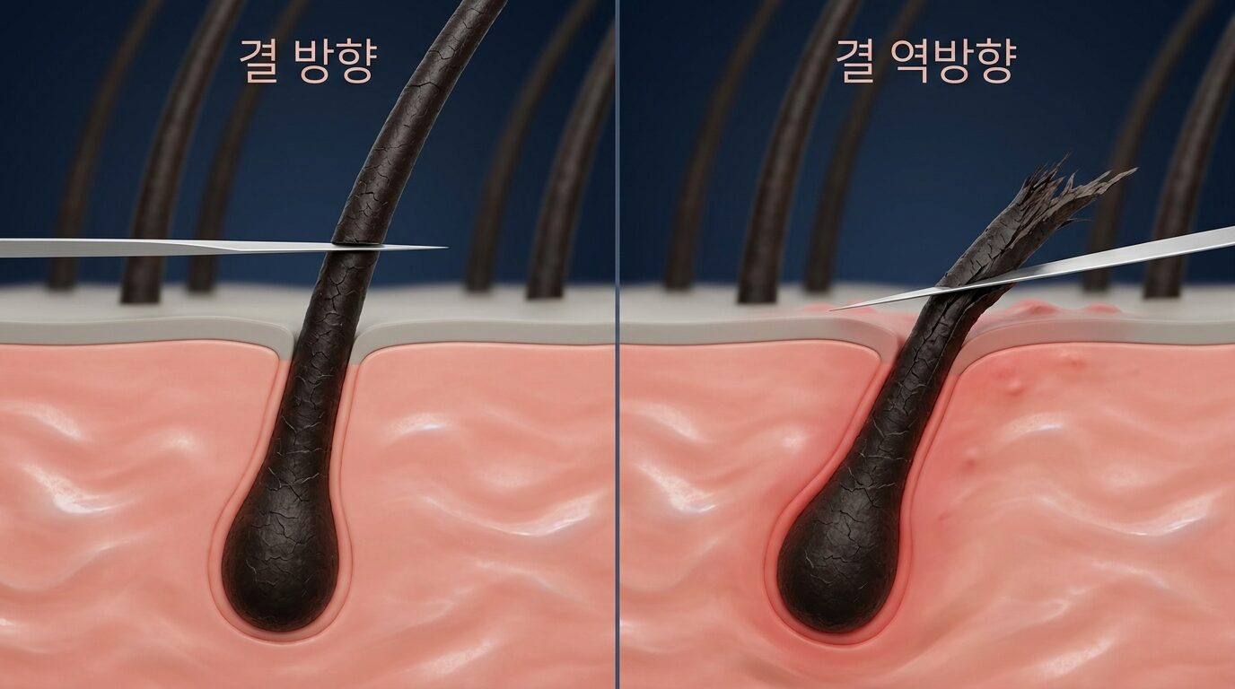 결 방향 면도와 결 역방향 면도의 자극 차이를 비교한 도해